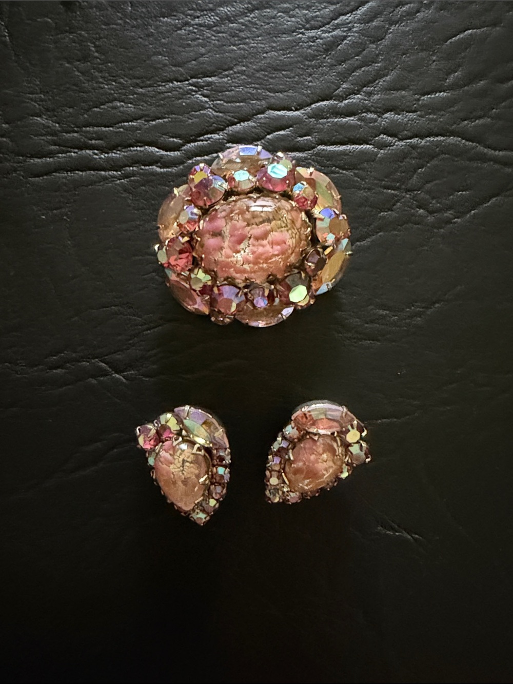 Pink Crystal Cluster Brooch and clip on Earrings Set